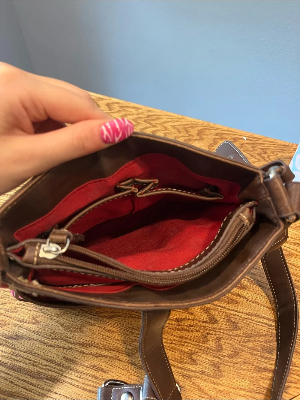 Chaps Red Shoulder Bag with Brown Trim and Buckle Detail